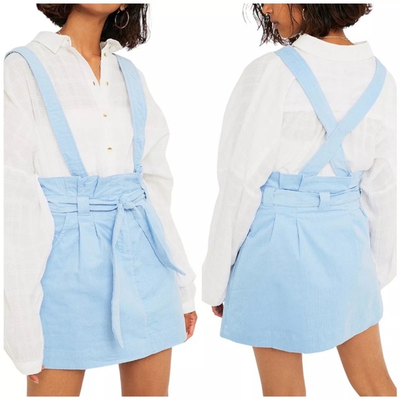 🎆 Urban Outfitters Paperbag Overall Skirt Corduroy Blue XS meadow cottage core - Picture 1 of 11